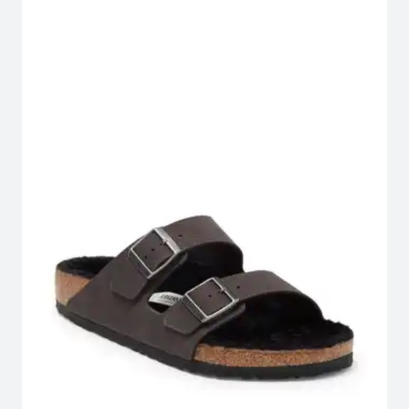 +Birkenstock Arizona Shearling Slip On Sandals Desert Dust Black Women's Size 9